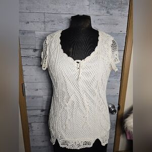 Vintage Soft Surroundings Cream Crochet Short Sleeve TopSize Large